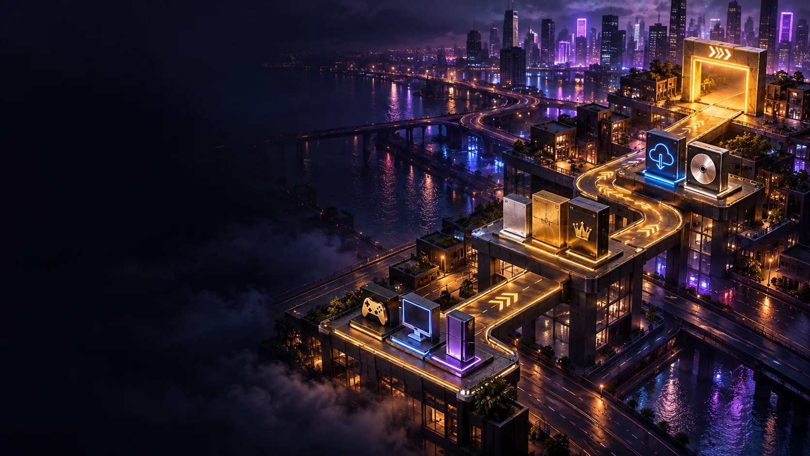 Cidade noturna abstrata com rotas luminosas conectando plataformas e uma entrada de compra